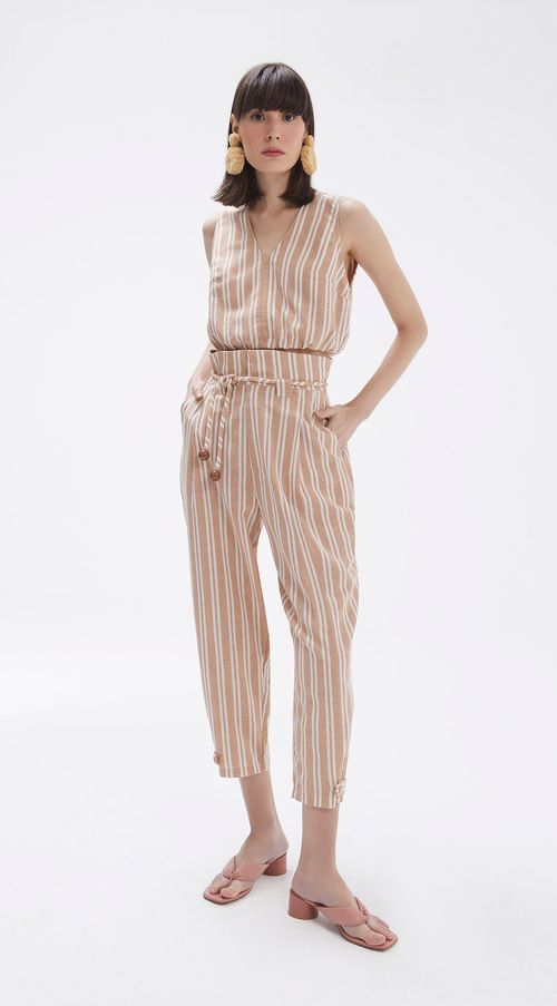 Calca Iódice Cenoura Cós Alto Com Cinto Off White