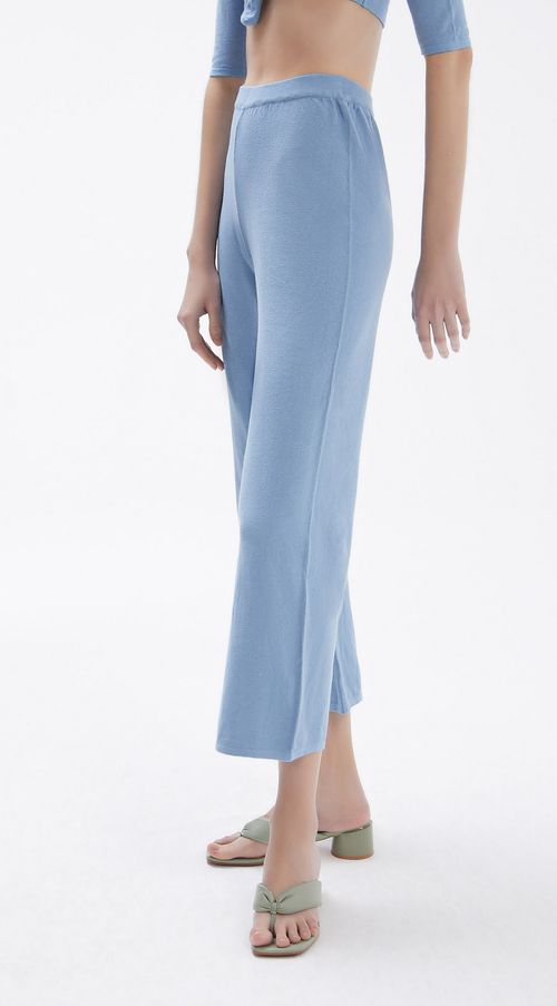 Calca Iódice Reta Cós Alto Tricôt Azul