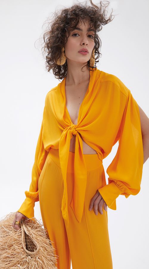 Blusa Iódice Decote V Manga Longa Amarração Frente Laranja
