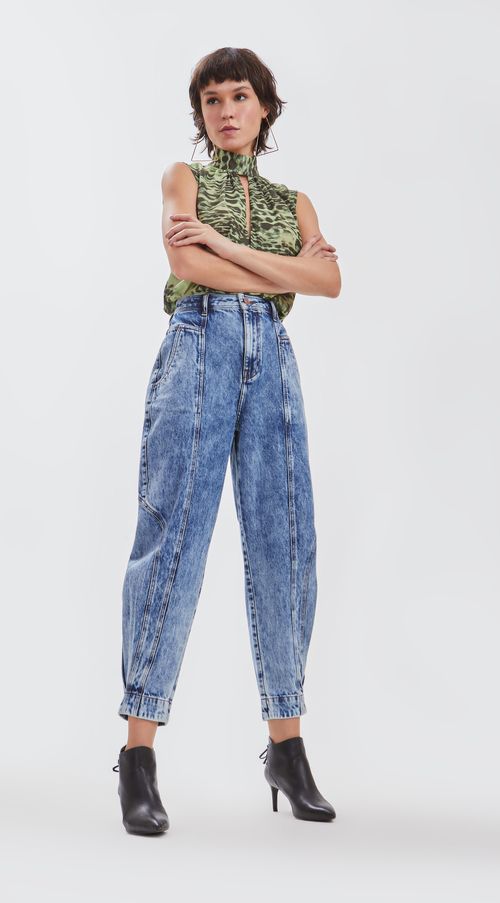 Calca Iódice Balloon Cós Alto Com Pregas Jeans