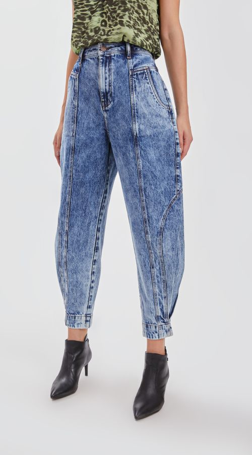 Calca Iódice Balloon Cós Alto Com Pregas Jeans