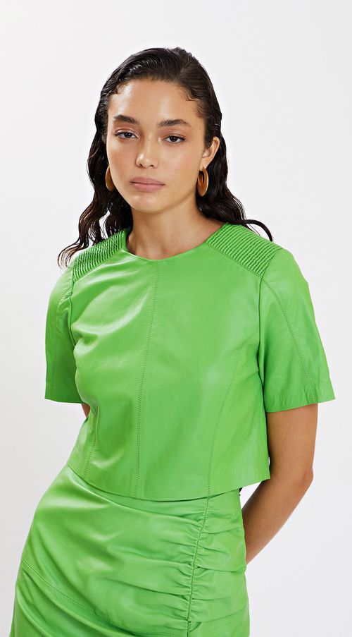 Blusa Iódice Decote Redondo Manga Curta Detalhe Nervura Verde