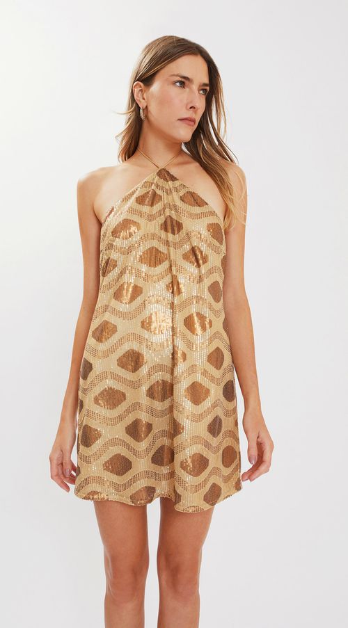 Vestido Iódice Curto Decote Amarração Detalhe Cóstas Dourado