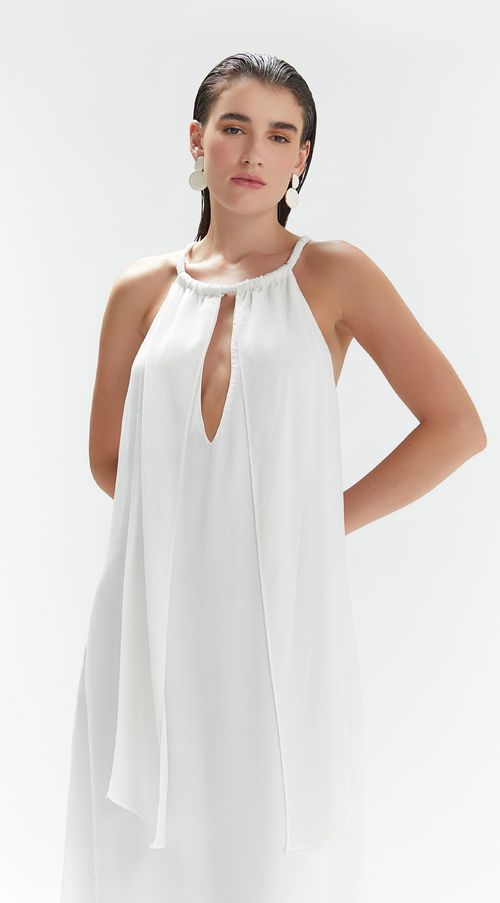 Vestido Iódice Longo Decote Profundo Bordado Off White