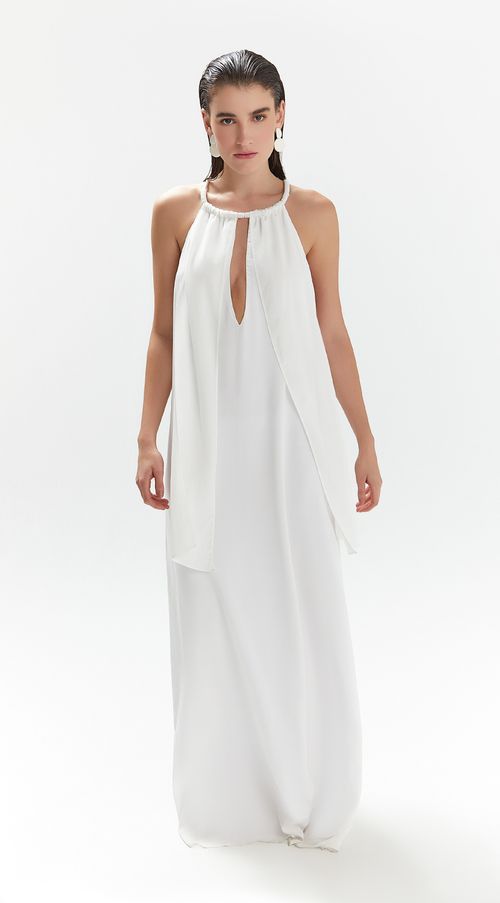 Vestido Iódice Longo Decote Profundo Bordado Off White