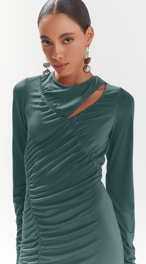 Vestido Iódice Curto Decote Redondo Com Franzido Verde