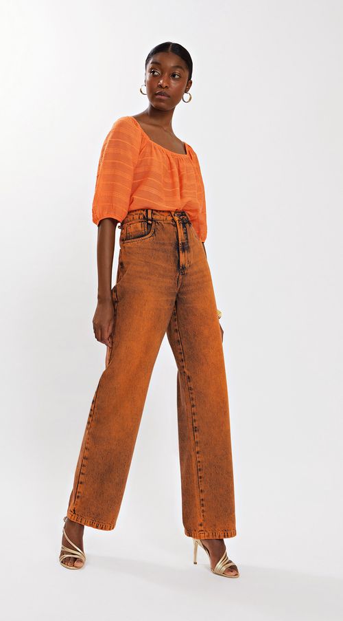 Calca Iódice Wide Leg Cós Alto Bolso Relogio Laranja