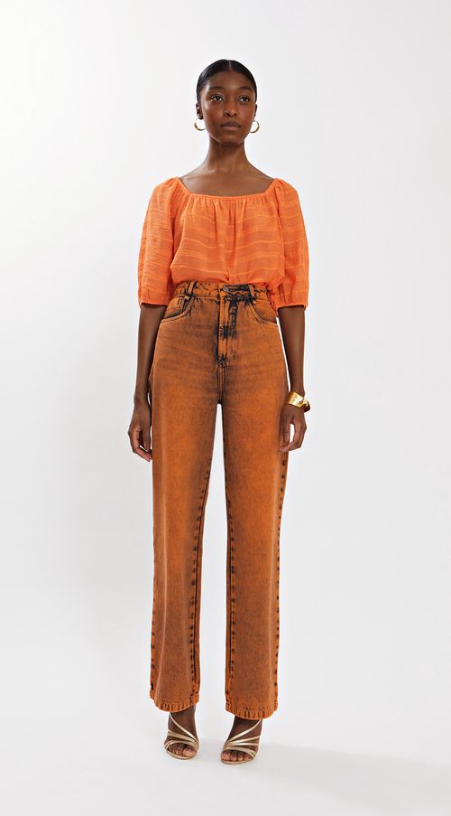 Calca Iódice Wide Leg Cós Alto Bolso Relogio Laranja
