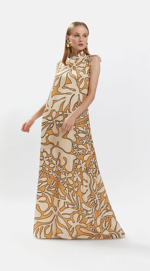 Vestido Iódice Longo Gola Alta Com Canaleta Bege
