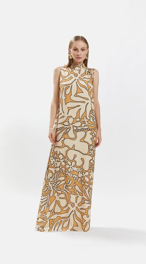 Vestido Iódice Longo Gola Alta Com Canaleta Bege