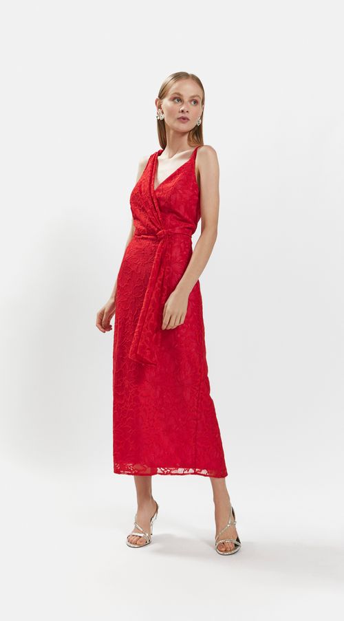 Vestido Iódice Midi Decote Transpassado Com Franzido Vermelho