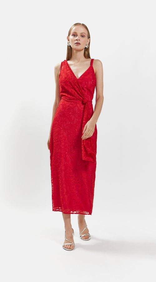 Vestido Iódice Midi Decote Transpassado Com Franzido Vermelho