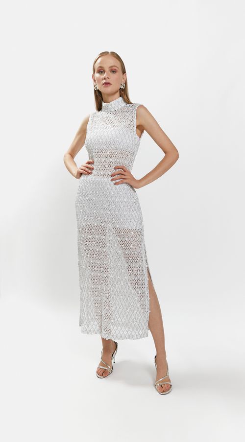 Vestido Iódice Longo Gola Alta Com Recorte Off White