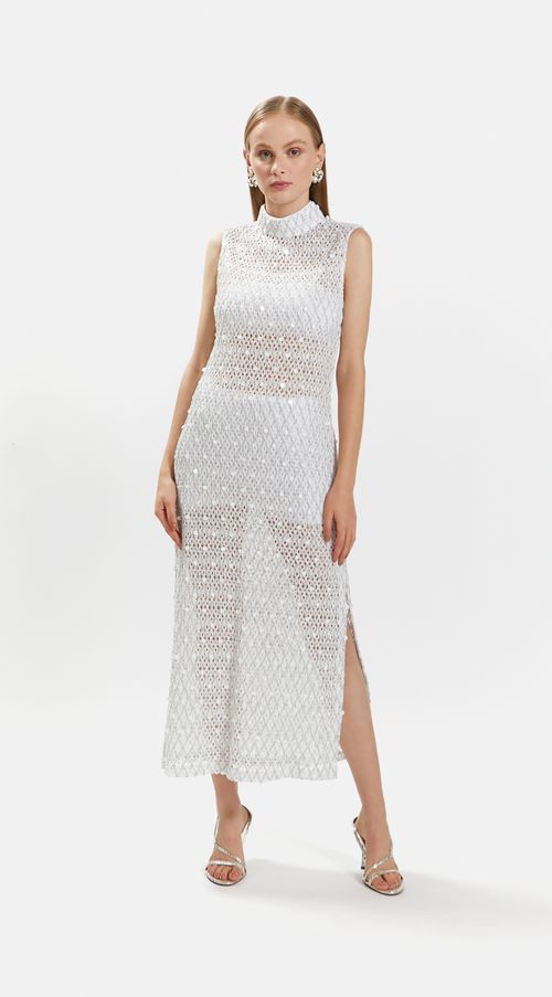 Vestido Iódice Longo Gola Alta Com Recorte Off White