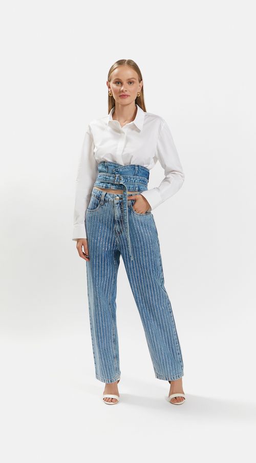 Calca Iódice Reta Cós Alto Com Termocolante Jeans