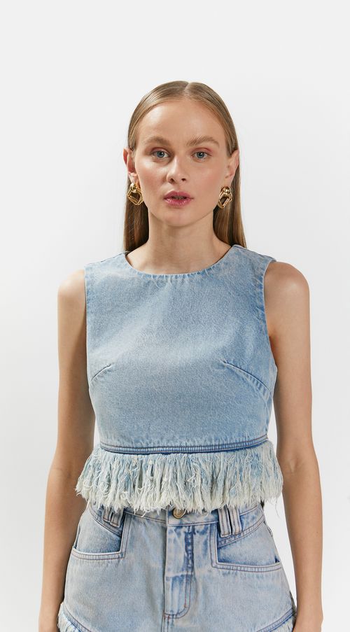 Top Iódice Justo Cava Francesa Detalhe Desfiado Jeans