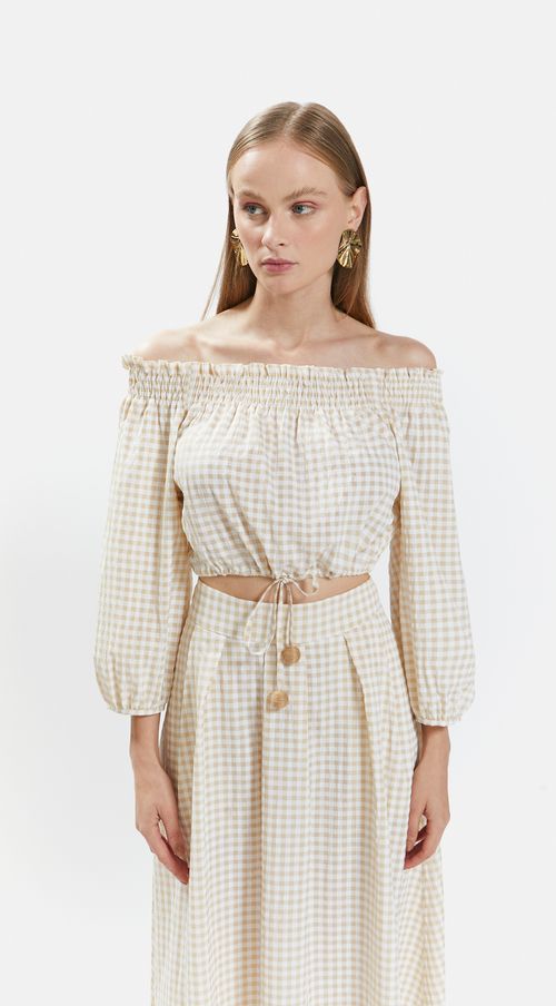 Blusa Iódice Ombro A Ombro Manga Raglan 7/8 Com Amarração Bege