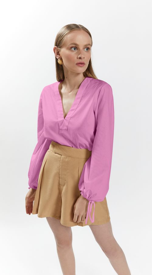 Blusa Iódice Decote V Manga Longa Com Franzido Rosa