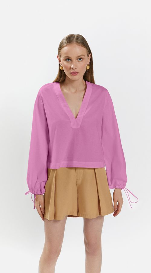 Blusa Iódice Decote V Manga Longa Com Franzido Rosa