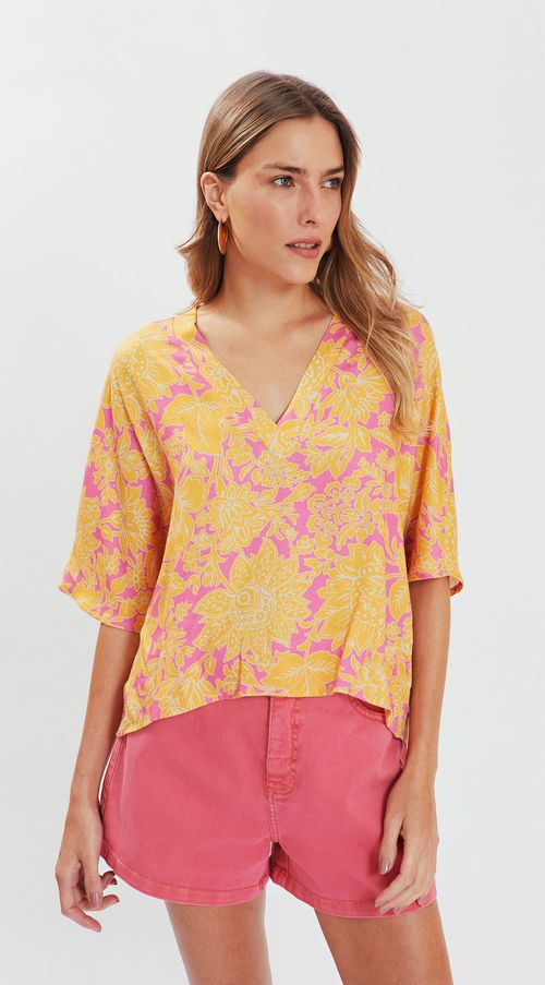 Blusa Iódice Decote V Manga Curta Básica Rosa