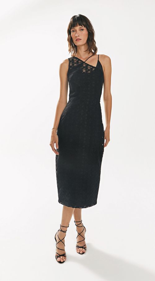 Vestido Iódice Midi Decote Assimétrico Com Fenda Preto