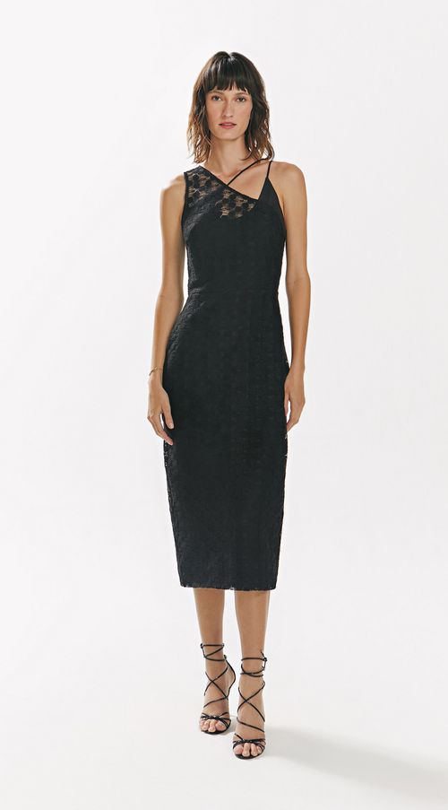 Vestido Iódice Midi Decote Assimétrico Com Fenda Preto