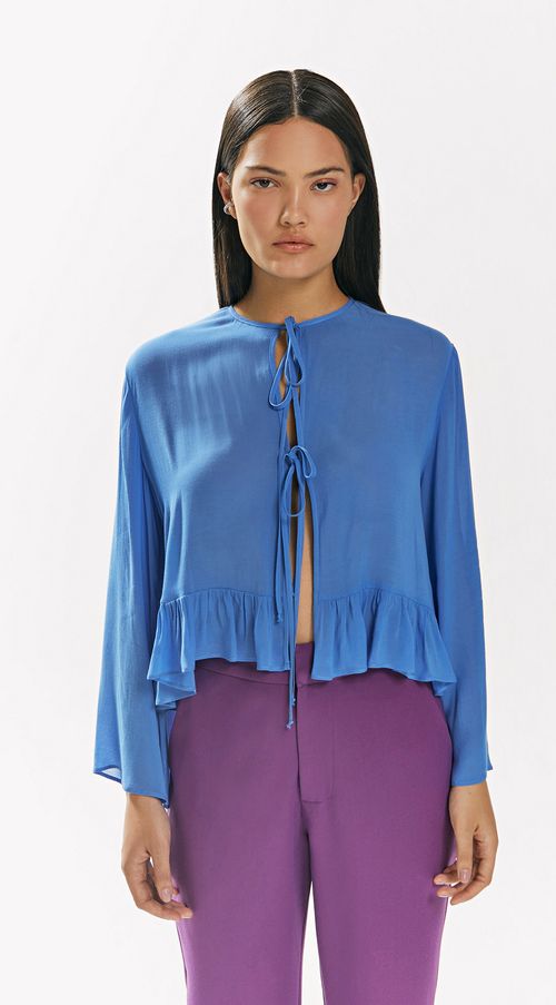 Blusa Iódice Decote Redondo Manga Raglan 7/8 Amarração Frente Azul