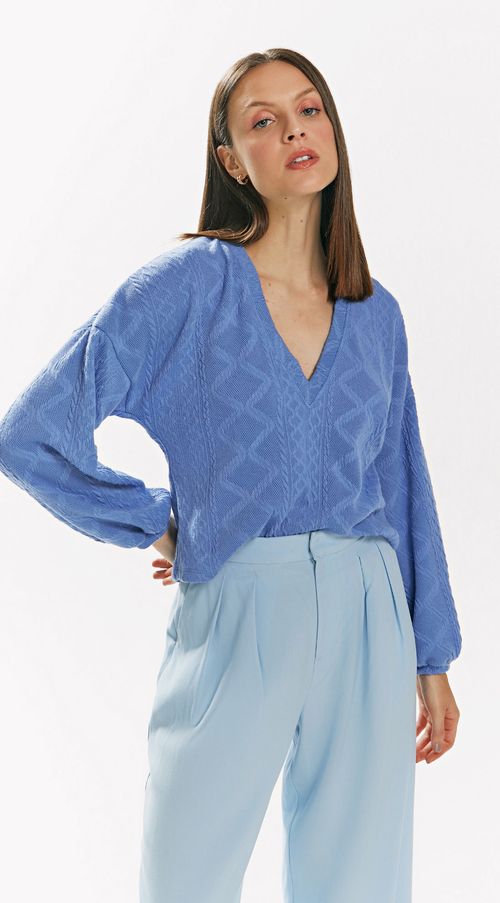 Blusa Iódice Decote V Manga Longa Básica Azul