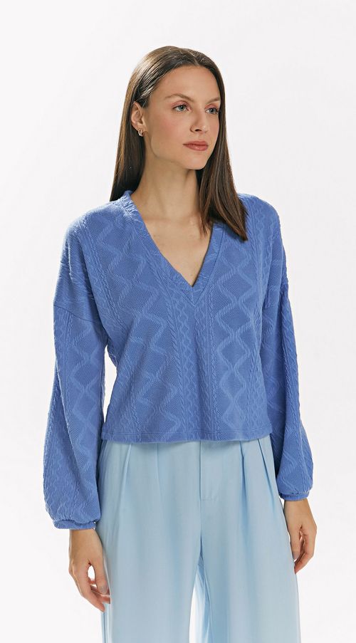 Blusa Iódice Decote V Manga Longa Básica Azul