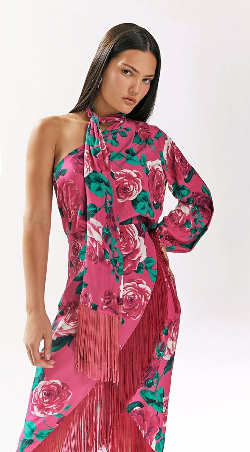 Blusa Iódice Ombro Só Manga Longa Detalhe Franjas Rosa