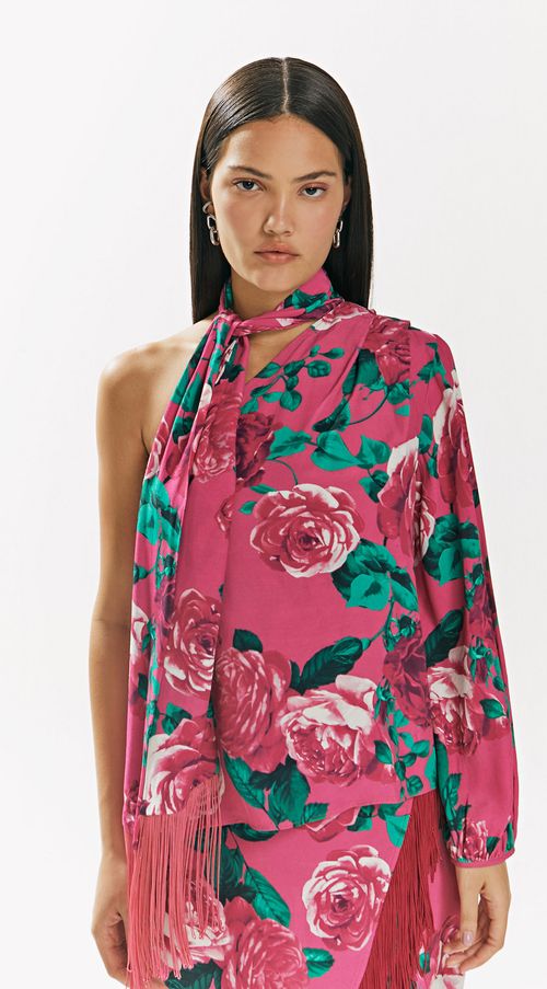 Blusa Iódice Ombro Só Manga Longa Detalhe Franjas Rosa