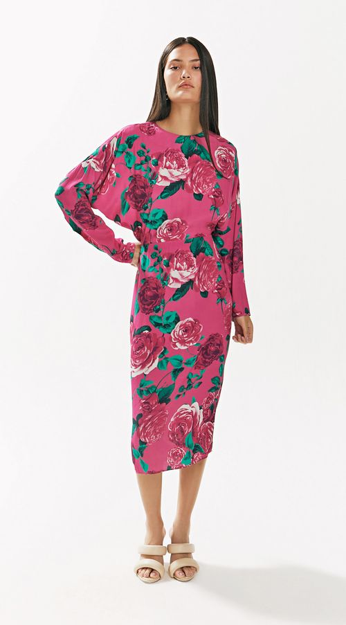 Vestido Iódice Midi Decote Redondo Abertura Cóstas Rosa