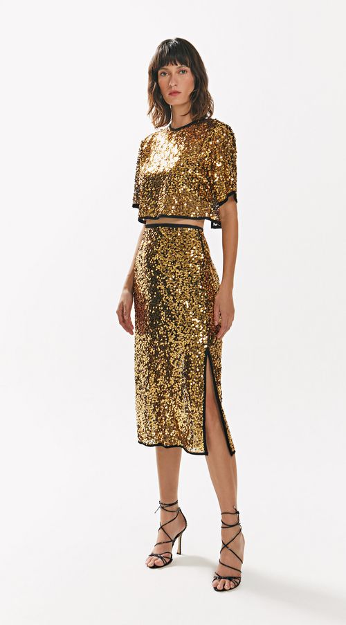 Saia Iódice Midi Justa Com Fenda Dourado