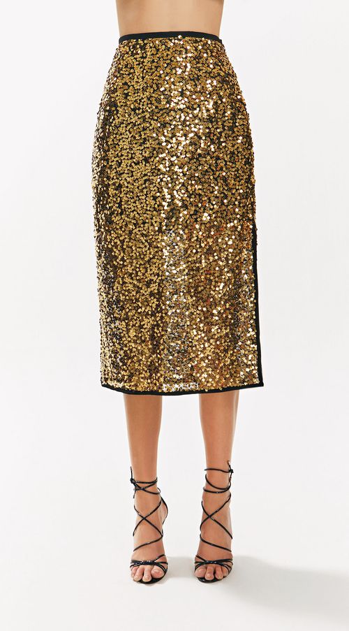 Saia Iódice Midi Justa Com Fenda Dourado