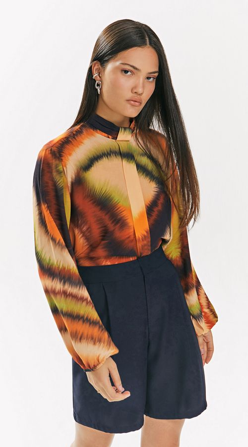 Blusa Iódice Gola Alta Manga Longa Com Pregas Laranja