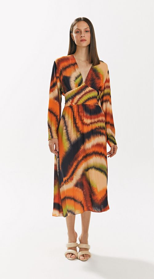 Vestido Iódice Midi Decote V Com Lastex Laranja