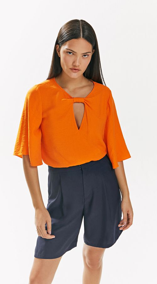 Blusa Iódice Decote Redondo Manga Curta Detalhe Decote Laranja