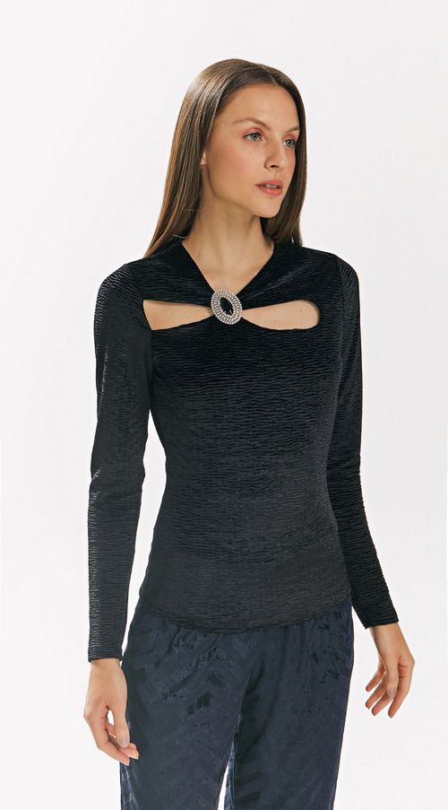 Blusa Iódice Decote Assimétrico Manga Longa Abertura Frente Preto