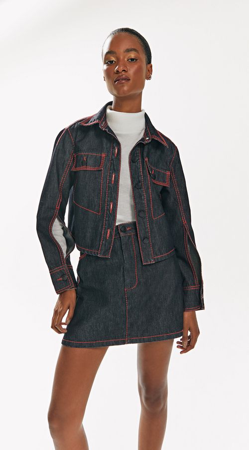 Saia Iódice Mini Reta Detalhe Pesponto Jeans