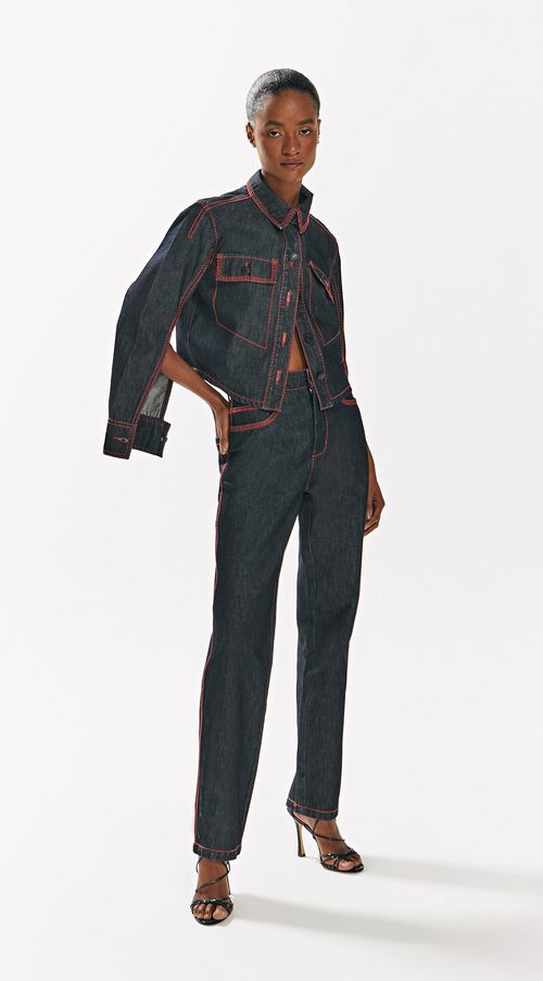 Calca Iódice Reta Cós Alto Detalhe Pesponto Jeans