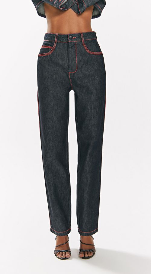 Calca Iódice Reta Cós Alto Detalhe Pesponto Jeans