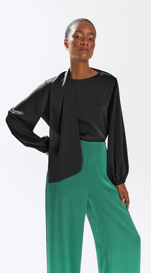Blusa Iódice Decote Redondo Manga Longa Com Faixa Preto