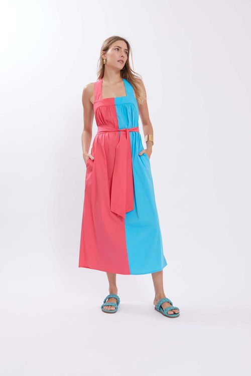 Vestido Iódice Midi Decote Quadrado Bicolor Azul