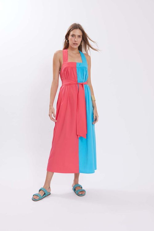 Vestido Iódice Midi Decote Quadrado Bicolor Azul