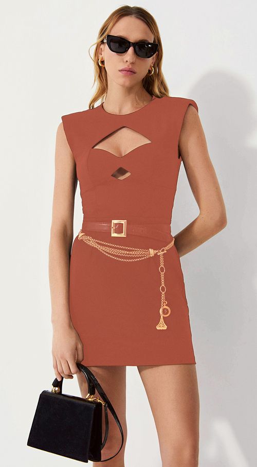 Vestido Iódice Curto Decote Assimétrico Com Recorte Laranja