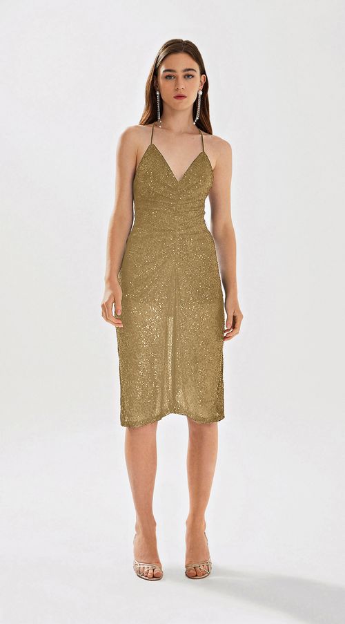 Vestido Iódice Midi Decote V Com Franzido Bege