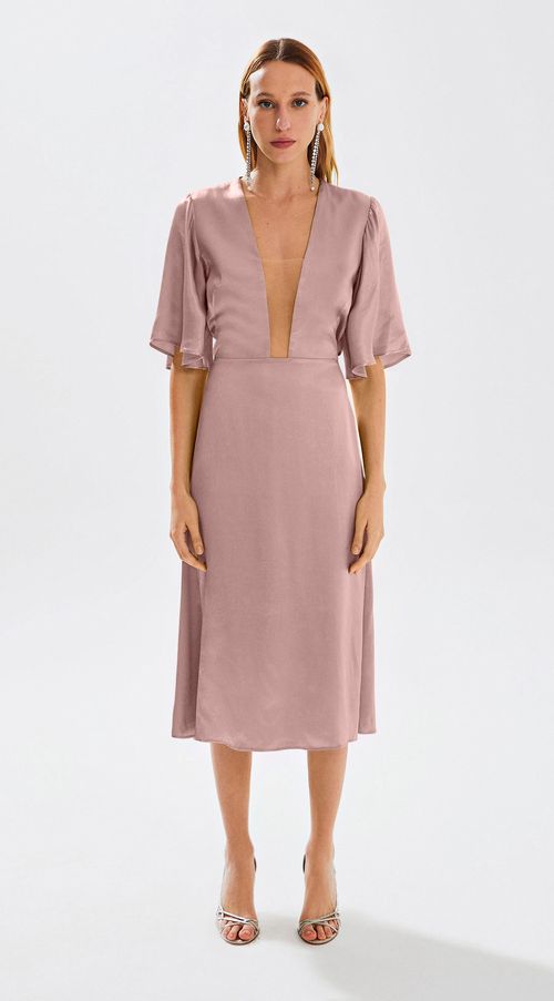 Vestido Iódice Midi Decote Profundo Detalhe Manga Rosa