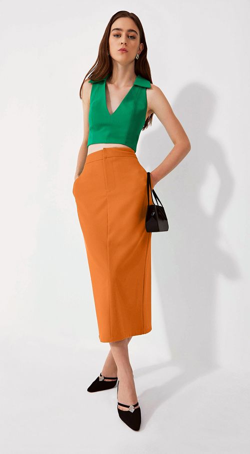 Saia Iódice Midi Reta Com Fenda Laranja