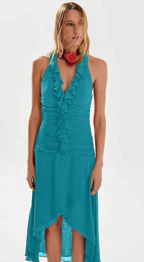 Vestido Iódice Midi Decote V Com Drapeado Azul