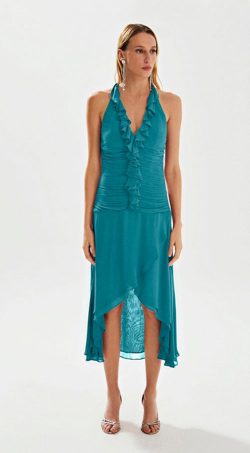Vestido Iódice Midi Decote V Com Drapeado Azul
